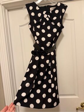 Studio I Black and White Polka Dot Midi Dress with Belt